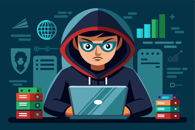 Een cartoon hacker in een hoodie concentreert zich intens op coderen op een computer omringd door digitale grafieken Hacker Aanpasbare Cartoon Illustratie
