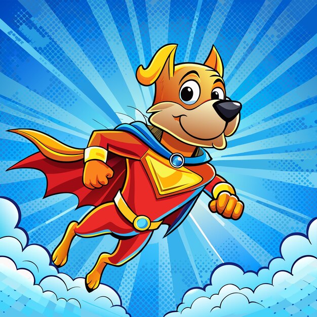 Vector een cartoon hond in een rode cape vliegt door de lucht