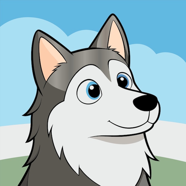 een cartoon hond met blauwe ogen en een blauwe lucht achtergrond