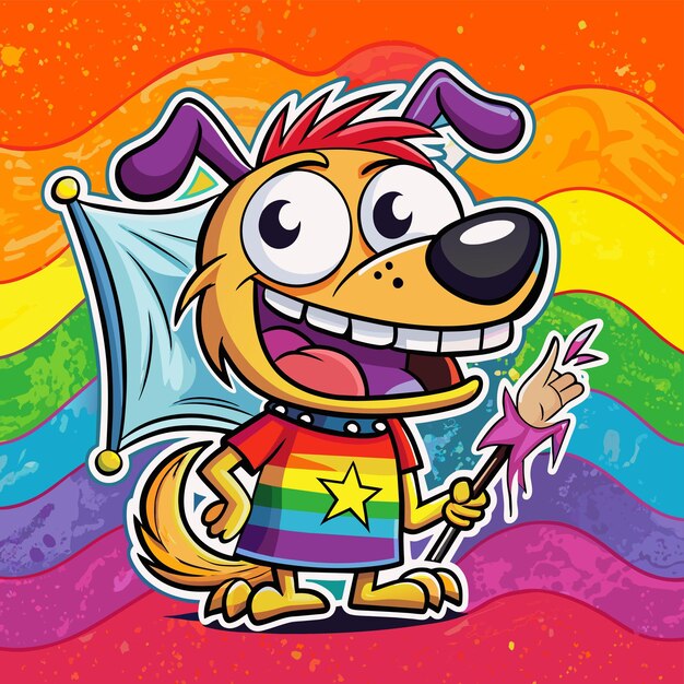 een cartoon hond met een regenboog achtergrond met een regensboog in de achtergrond