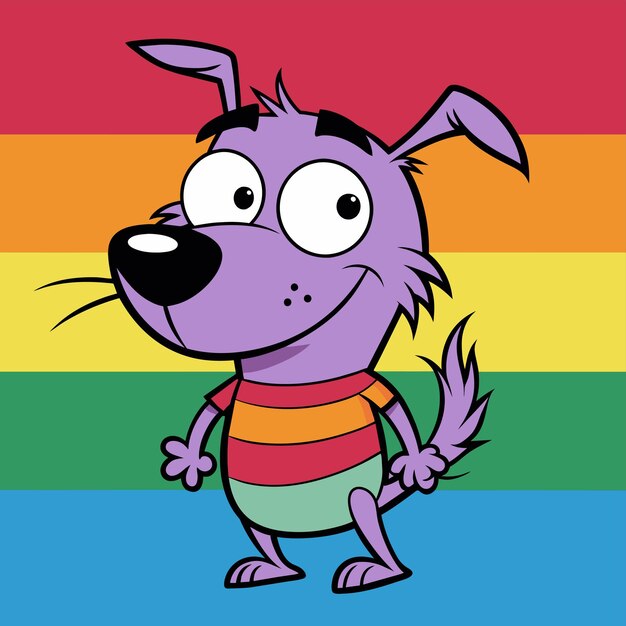 een cartoon hond met een regenboog gekleurde shirt erop