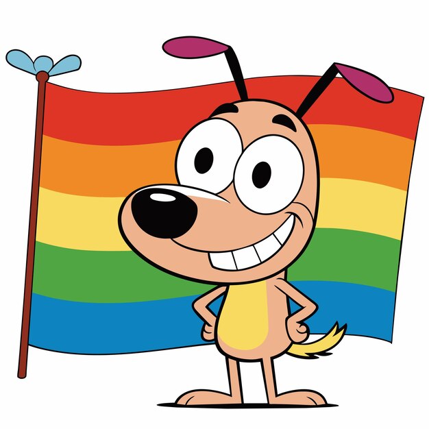 Vector een cartoon hond met een regenboog vlag achter hem