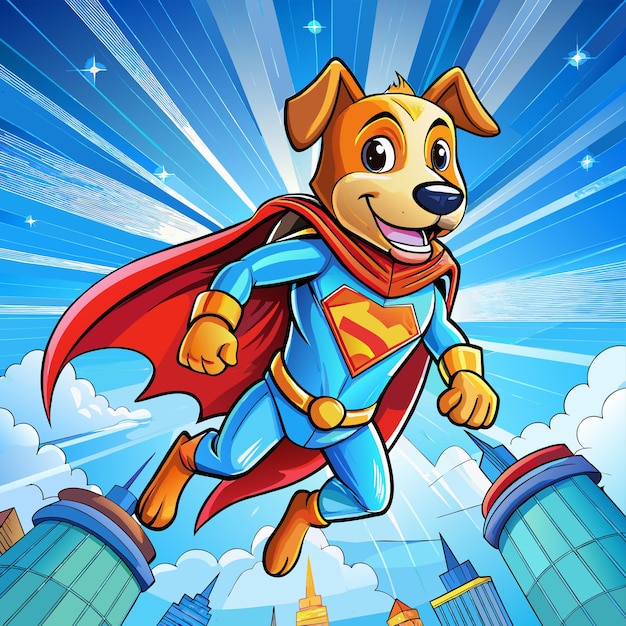 Vector een cartoon hond met een superman kostuum die door de lucht vliegt