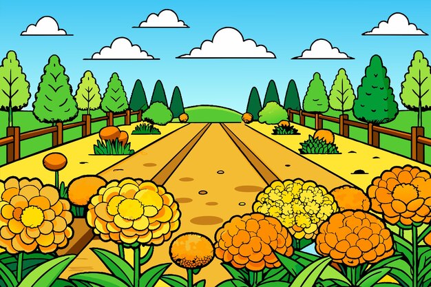 Vector een cartoon illustratie van een boerderij met een hek en bloemen