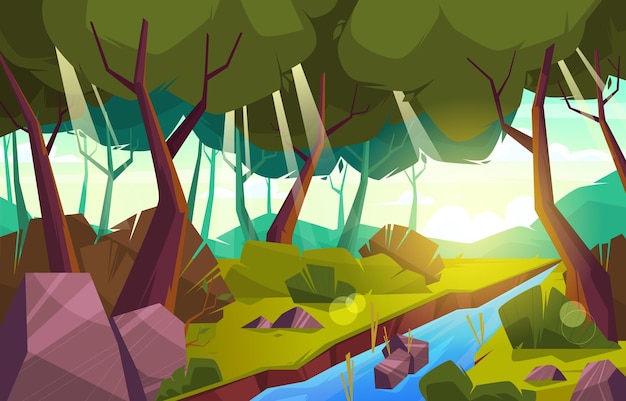 een cartoon illustratie van een bos met een rivier en bomen