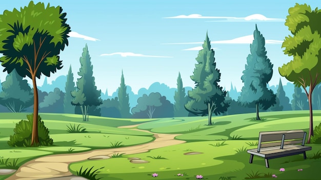 Vector een cartoon illustratie van een groen landschap met een weg en bomen