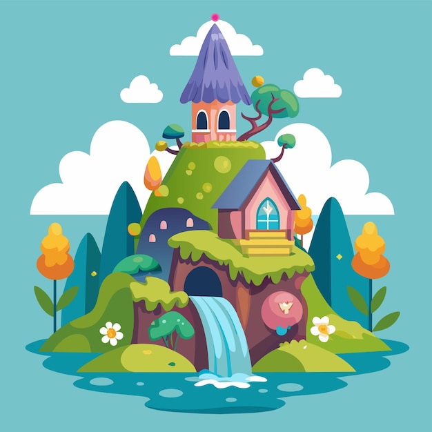 Een cartoon illustratie van een huis met een waterval en bomen