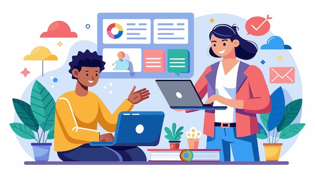 een cartoon illustratie van een jongen en een meisje met een laptop