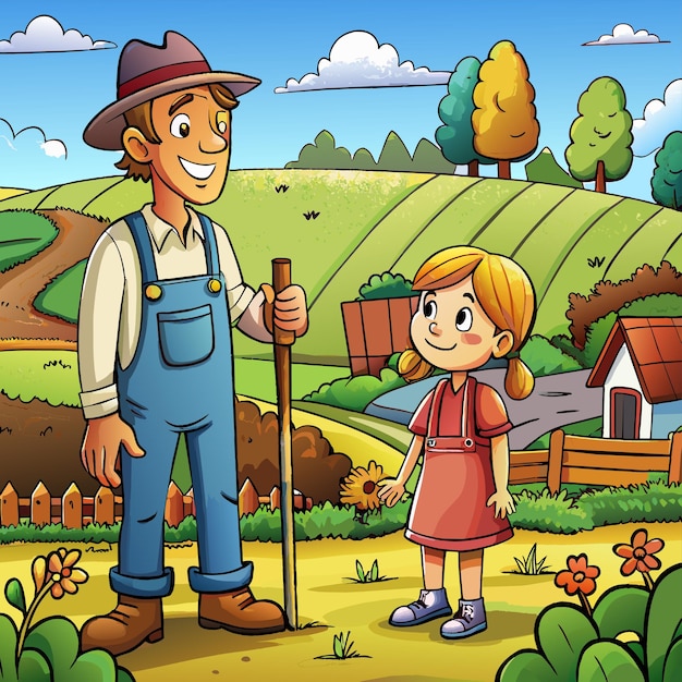 een cartoon illustratie van een man en een meisje met een stok