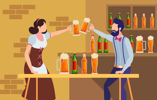 een cartoon illustratie van een man en een vrouw met bier glazen