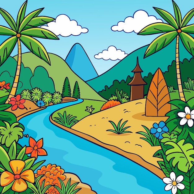 een cartoon illustratie van een rivier met een rivier en bomen