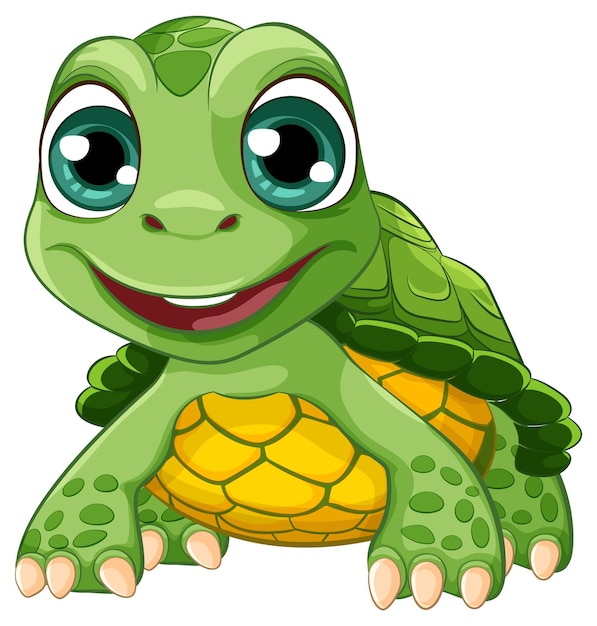Een cartoon illustratie van een schattige groene schildpad met een grote glimlach o