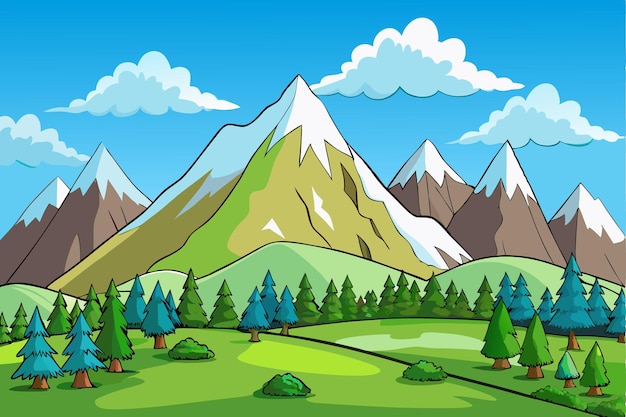 een cartoon illustratie van een weg met bergen en bomen