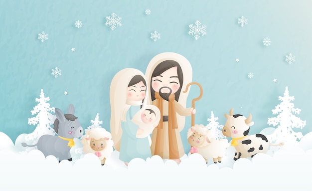 Een cartoon kerststal met baby Jezus, Maria en Jozef en andere dieren. Christelijke religieuze illustratie.