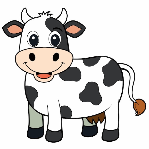 Vector een cartoon koe met een tag op zijn oor en het woord koe erop