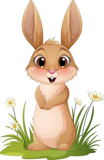 een cartoon konijn staat in het gras met bloemen en een witte achtergrond