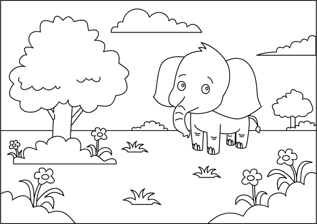 een cartoon olifant met een boom op de achtergrond