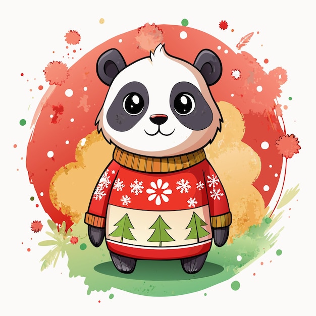 Een cartoon panda met een rode trui en een kerstboom erop De panda glimlacht en kijkt naar de camera