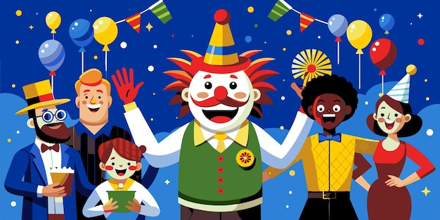 Vector een cartoon personage met een clown en andere kinderen met vlaggen