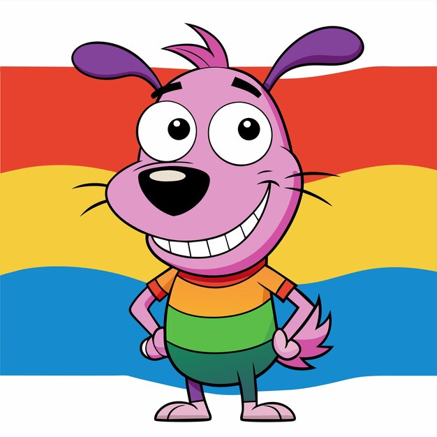 een cartoon personage met een regenboog achtergrond en een regenbogen gekleurde achtergrond