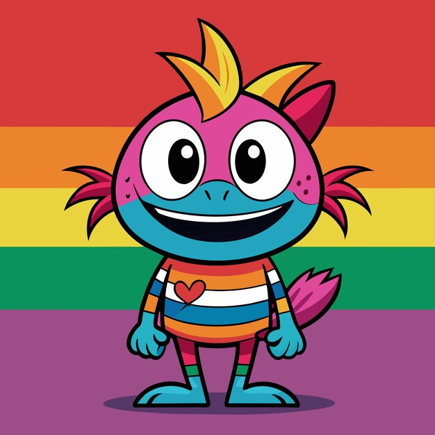 een cartoon personage met een regenboog achtergrond en een regenbogen gekleurde monster