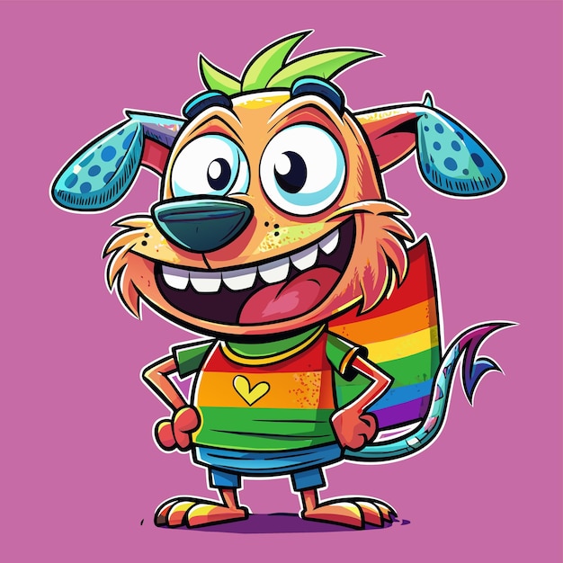 Een cartoon personage met een regenboog shirt en een regenbogen gekleurde achtergrond