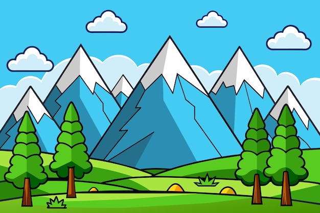 een cartoon tekening van een berg met bomen en bergen op de achtergrond