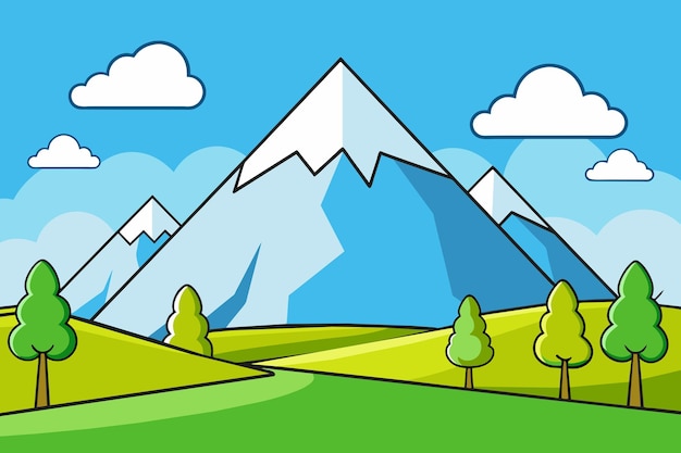 een cartoon tekening van een berg met bomen en een hemel achtergrond