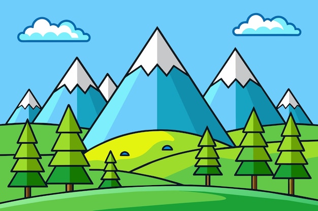 een cartoon tekening van een berg met bomen op de achtergrond