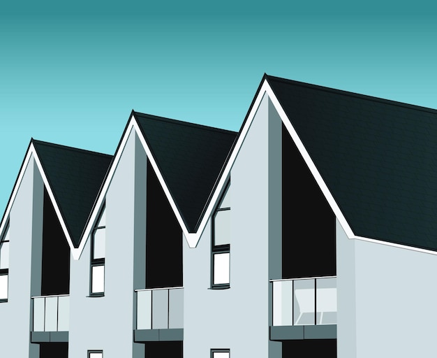 een cartoon tekening van een gebouw met een blauwe lucht achtergrond