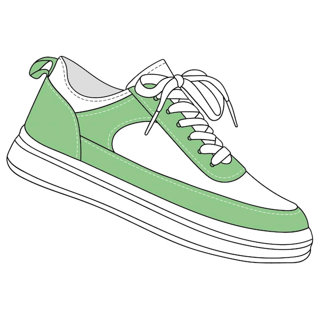 een cartoon tekening van een groene en witte schoen met een witte zool