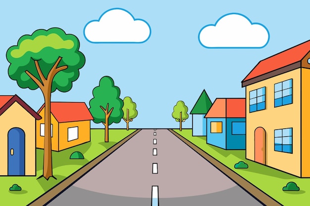 een cartoon tekening van een straat met huizen aan de zijkant en het woord het woord aan de onderkant