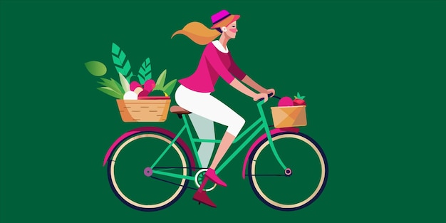 Vector een cartoon tekening van een vrouw die op een fiets rijdt met een mandje bloemen