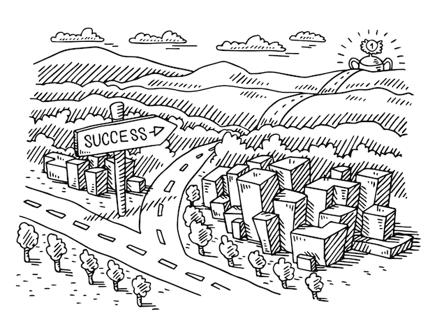 een cartoon tekening van een weg met een verkeersbord dat succes zegt