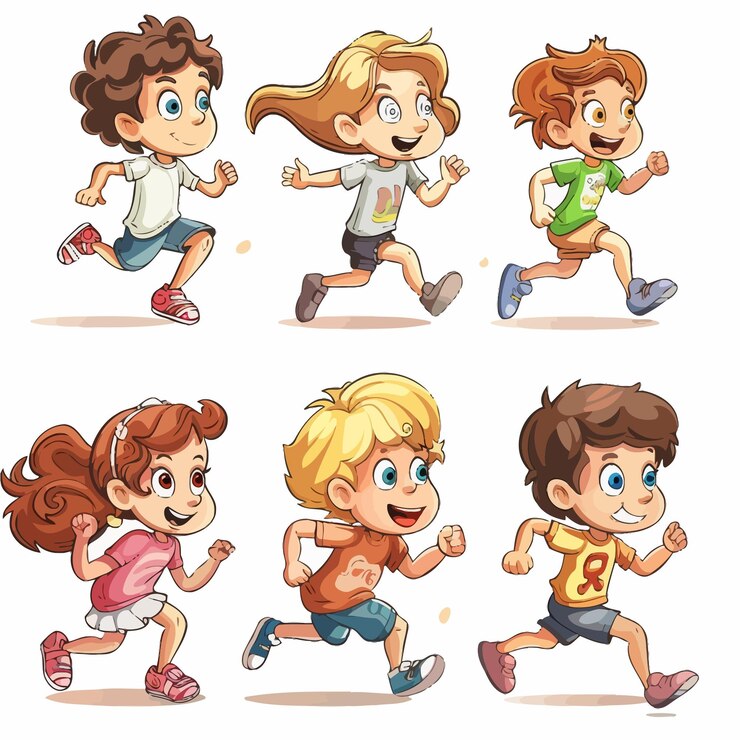 een cartoon tekening van kinderen die rennen en rennen