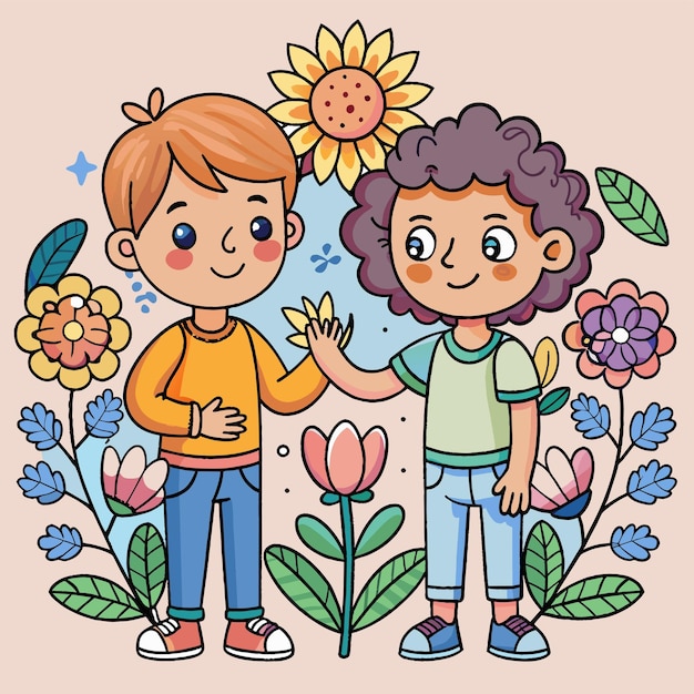 Vector een cartoon tekening van twee kinderen met bloemen en een jongen in een geel shirt