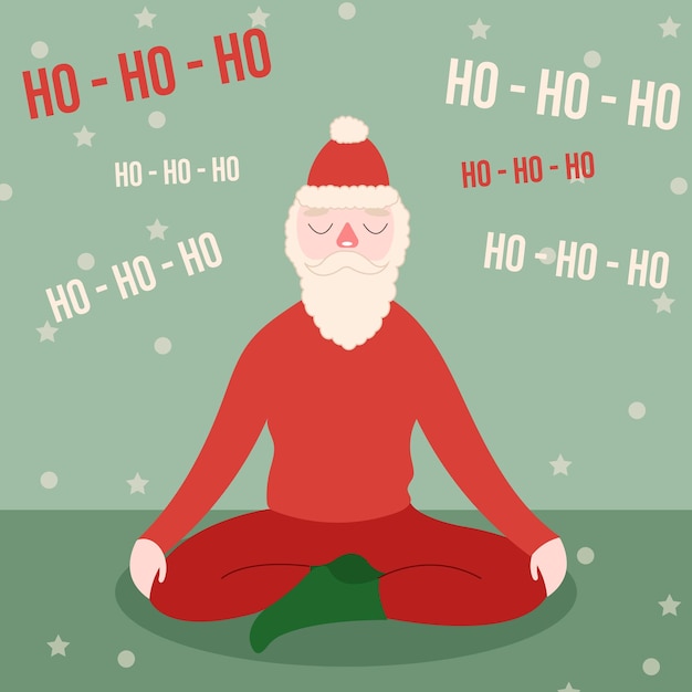 Een cartoon van de kerstman die yoga doet met de woorden ho ho op de groene achtergrond.
