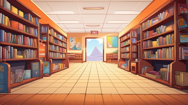 Vector een cartoon van een bibliotheek met een berg op de achtergrond