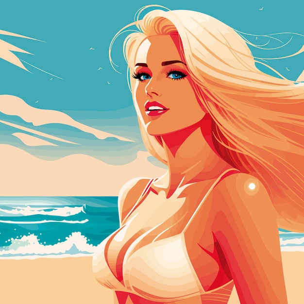 Een cartoon van een blonde vrouw met blauwe ogen op een strand