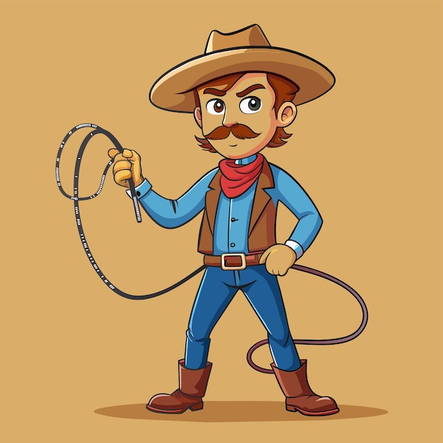 een cartoon van een cowboy met een lasso op zijn gezicht