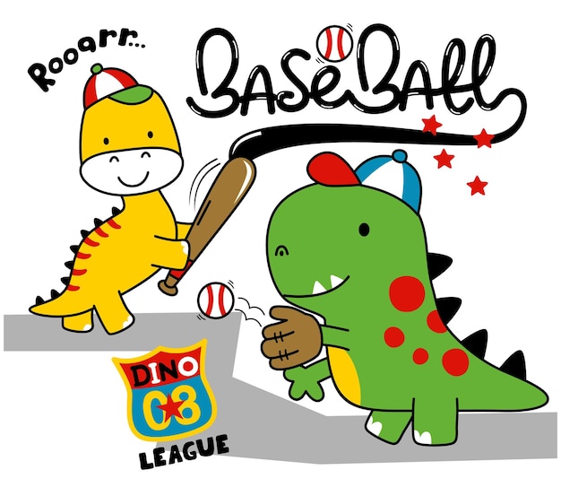 Een cartoon van een dinosaurus die honkbal speelt met een dinosaurus die een hoed draagt.