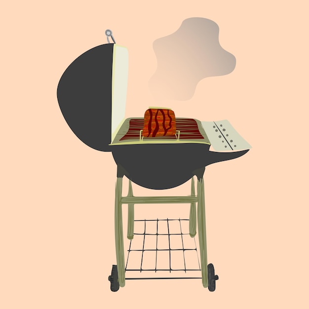 Een cartoon van een grill met een stuk vlees erop