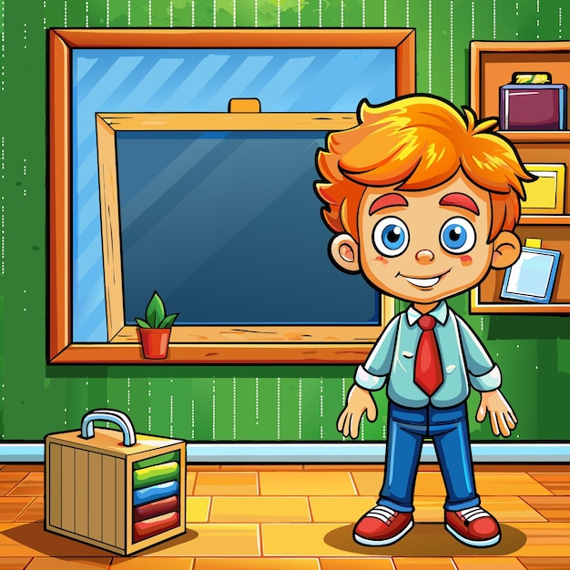 Vector een cartoon van een jongen met een mand en een boekenkast op de achtergrond