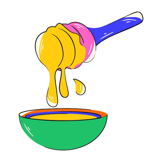 Een cartoon van een lepel met een gele en blauwe schep honing die erin wordt gegoten.