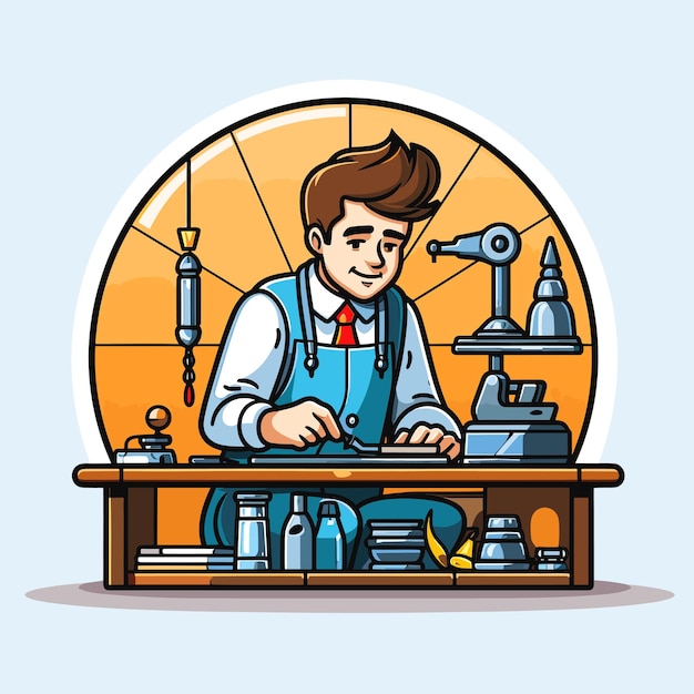 Een cartoon van een man aan het werk aan een bureau met een lamp en een lamp.