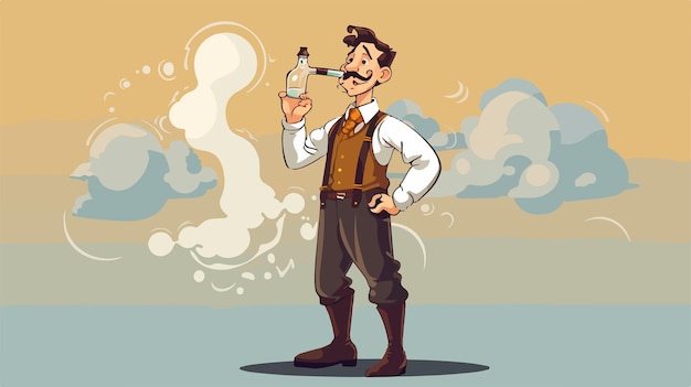 een cartoon van een man die een fles alcohol drinkt