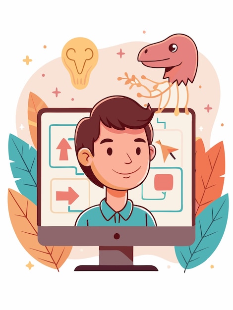 een cartoon van een man met een dinosaurus op het scherm en een dinosaurus Op het scherm