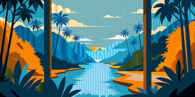 een cartoon van een meer met een waterval en bergen op de achtergrond