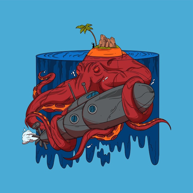 Een cartoon van een octopus met een palmboom erop illustratie gigantische octopus voor kleding