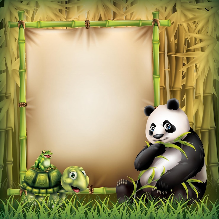 Vector een cartoon van een panda die op een bamboeframe staat